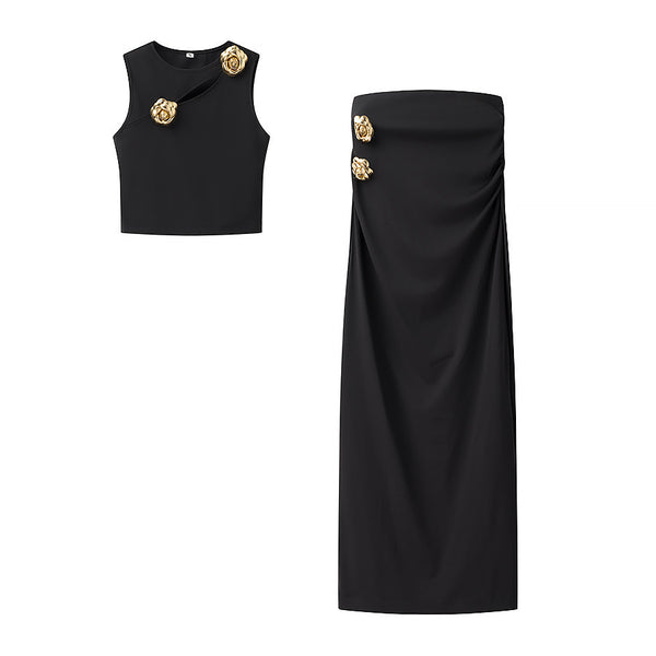 Alayna Gold Flower Detail Top and Midi Skirt Co ord